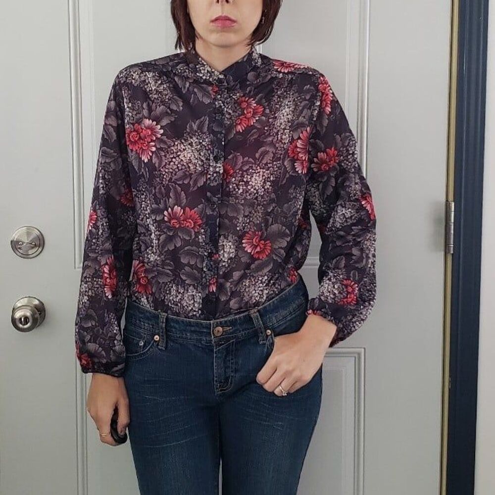 70s Sheer Black Floral Blouse